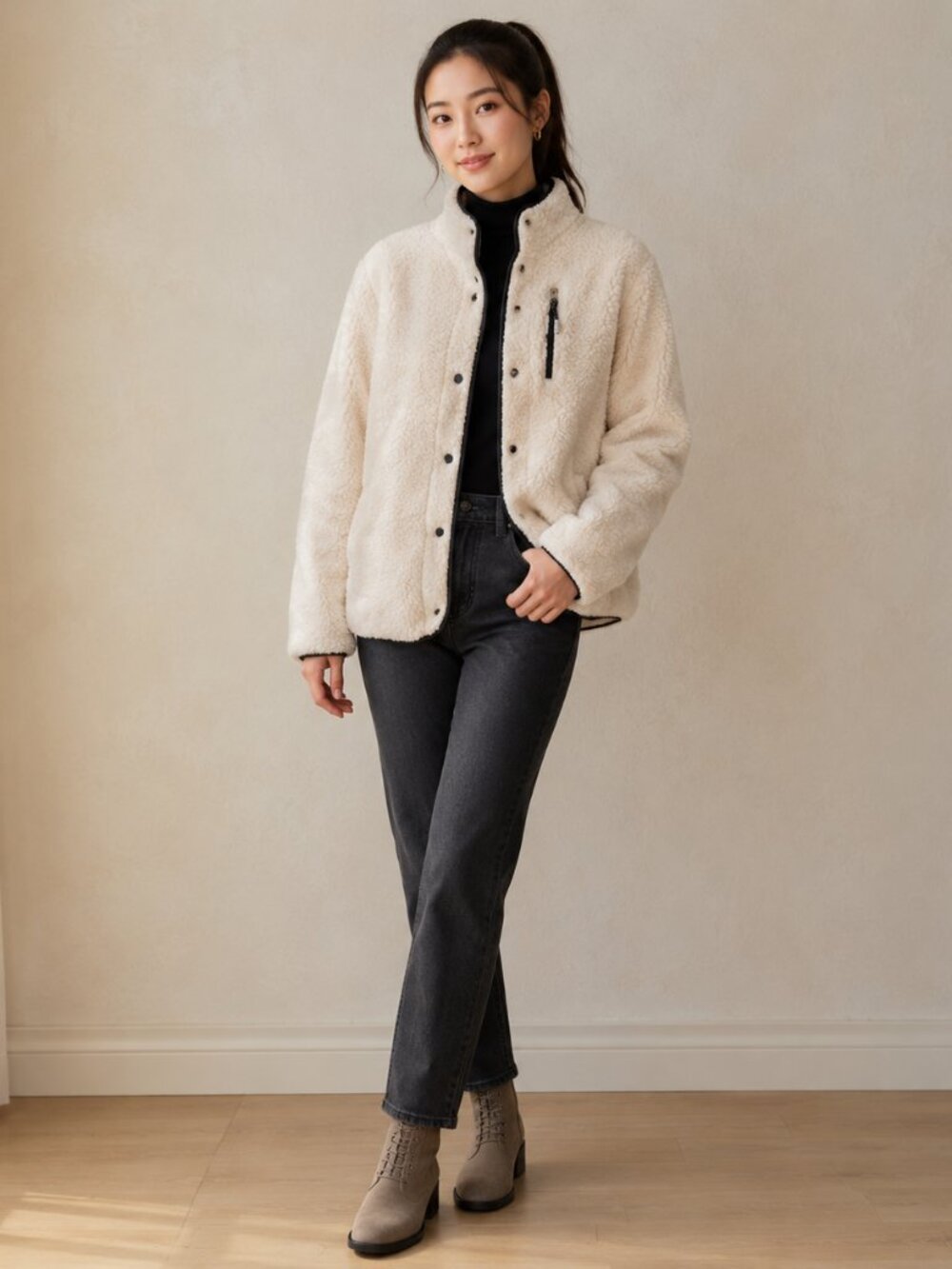 Tommy Hilfiger Large Cozy Cream Sherpa Teddy Jacket with Black Trim